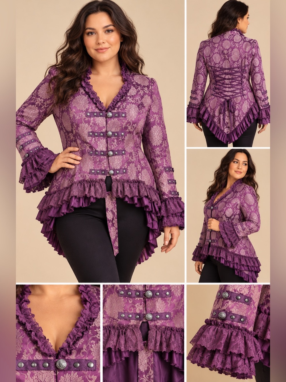 Hearts & Roses Purple Victorian Brocade Tailcoat Jacket US 12 Gothic Steampunk